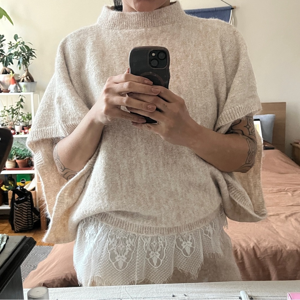 Poncho Sweater with Lace Detail